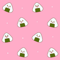Seamless pattern with cartoon onigiri with happy faces - cute background with traditional japanese food