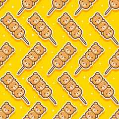 Seamless pattern with bear shaped dango stickers - cute cartoon background with traditional japanese sweets for Your design