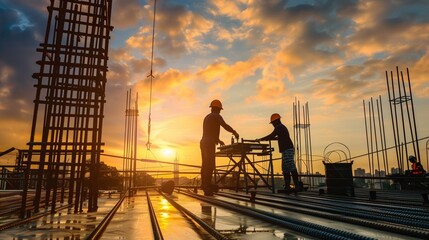 Two construction workers working on a high-rise building site at sunset.