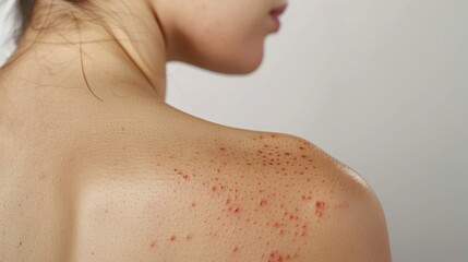 Closeup young woman's back with red rash skin and acne scar  shoulder and back. Image compare before treatment on dark spot acne pimples scar to clean clear smooth skin after treatment.