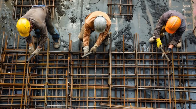 Three construction workers installing rebar at a construction site, capturing a moment of intense labor.