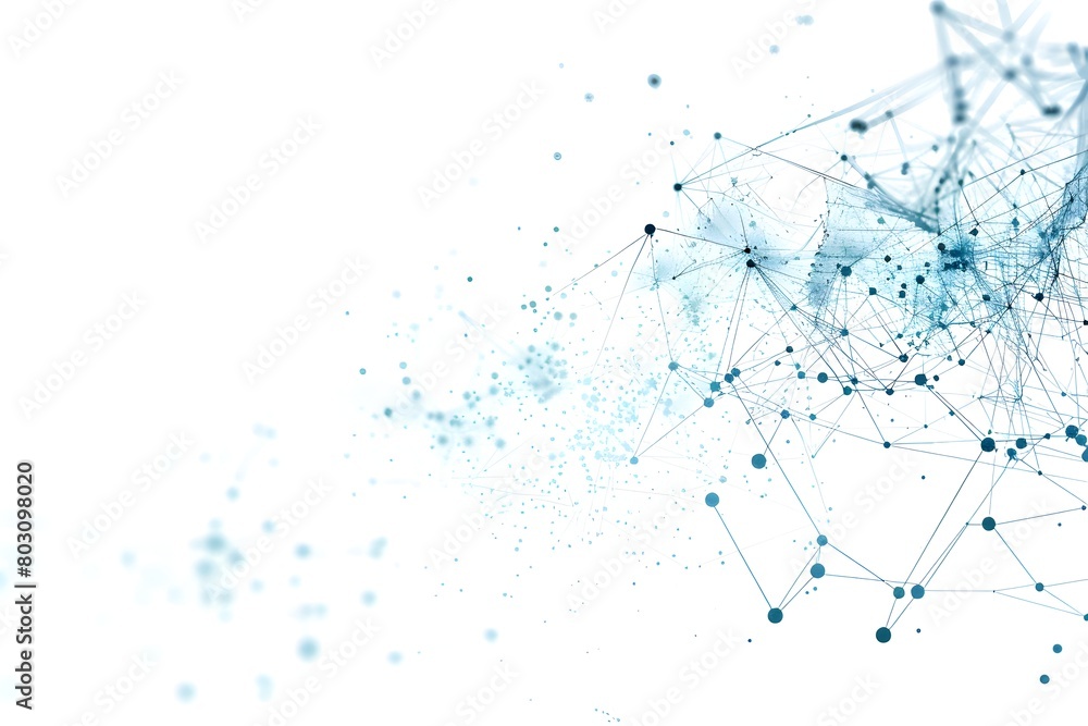 Poster abstract technology background with blue dots and lines on a white background, depicting a network c