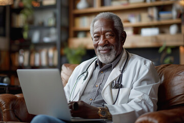 Fototapeta premium Confident senior doctor using a laptop. Highlights medical professionalism, technology in healthcare, and ongoing education. Suitable for medical services and telehealth platforms.