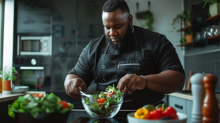 Fototapeta premium Focused African American male chef preparing a healthy salad in a modern kitchen setting.