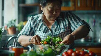 Fototapeta premium Asian elderly woman preparing a fresh vegetable salad in a modern kitchen.