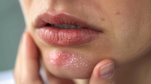 Pain and itching in the corners of the lips of a girl's mouth. Seizures on the skin, bacterial dermatological disease. Herpes infection, angular cheilitis.