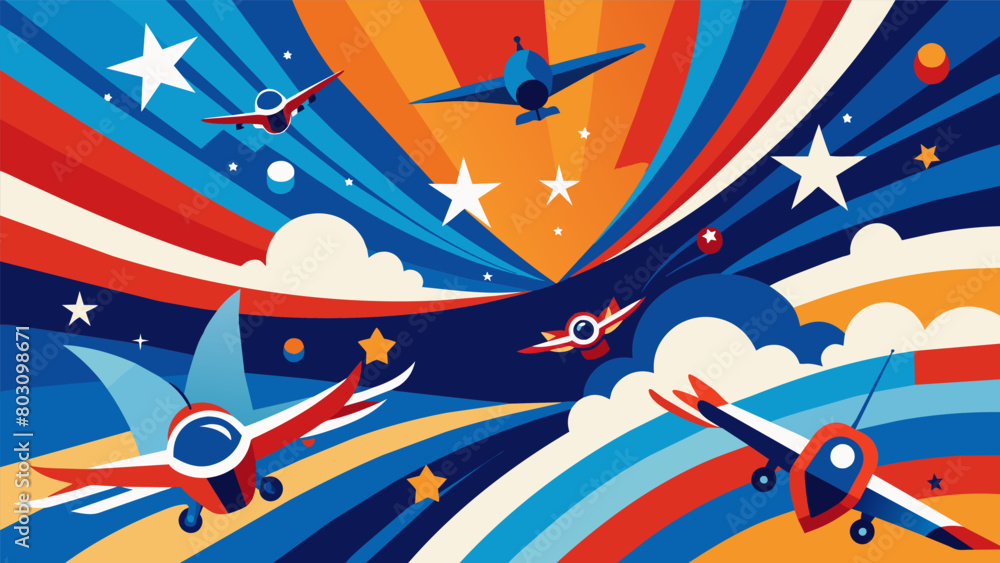 Poster a dynamic display of vibrant colors and intricate formations as drones weave through the sky to crea