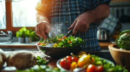 Close-up image of a man's hands tossing a fresh vegetable salad in a bowl in a sunny kitchen. - Powered by Adobe