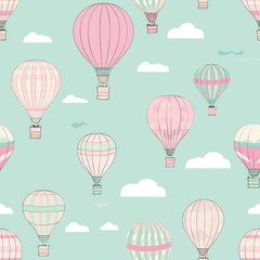 Seamless pattern with hot air balloons and clouds. Vector illustration, Ai Generated