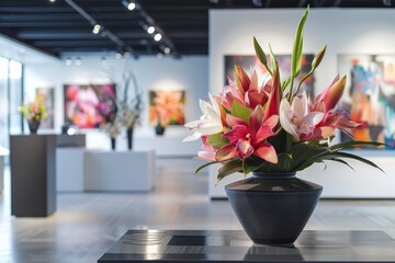 Vibrant lily flowers in a black vase on a table, with a colorful art gallery in the background