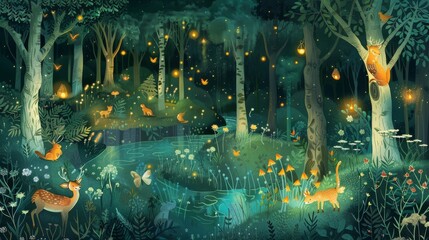 Enchanted forest scene with magical animals under a starry night sky