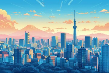  Illustration of Tokyo City in Japan with vibrant colors