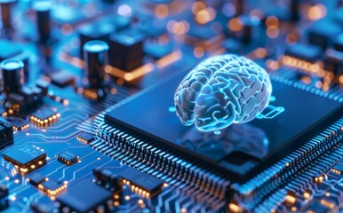 3d render of artificial intelligence concept with human brain on microchips and computer chipboard, digital technology background