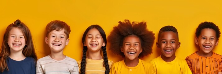 Diverse group of six joyful children laughing on a yellow background, showcasing happiness and friendship.