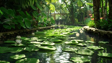Lotus Serenity: Calm and tranquil canal adorned with lush lotus leaves, providing a serene setting for quiet reflection and meditation.