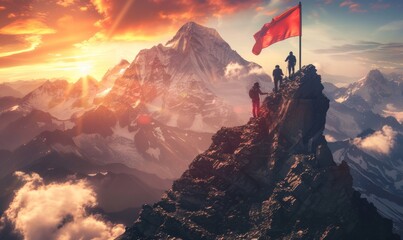 Three people climbing to the top of a mountain with a red flag in the style of morning light, dramatic light, and a dramatic sky, with a panoramic view of dramatic mountains in the background, - Powered by Adobe