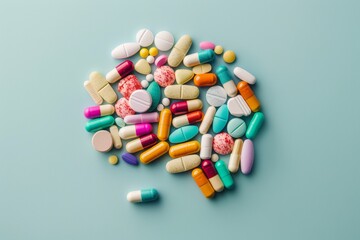 Top view of multicolored pills and pills in the shape brain on blue background, concept medical treatment or care for mind health with collage of tablets