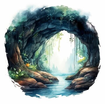 watercolor cave entrance with river clip art preview
