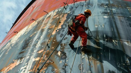 Industrial worker in red uniform and helmet climbs a large, rusty metal silo using safety ropes.