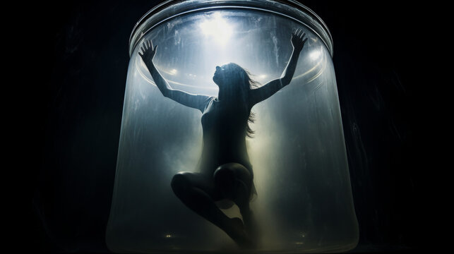 A woman trapped inside a giant glass jar, reaching towards the outside
