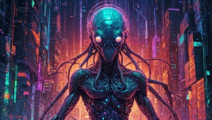 An exquisitely glitched synthwave creature pulses with bioluminescence