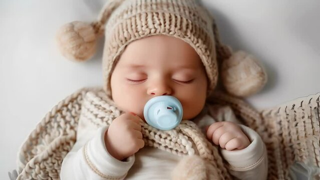 Sleeping newborn with a pacifier in his mouth	
