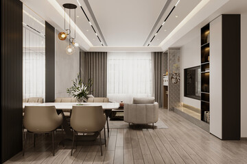 Modern apartment interior design, dining room with table and chairs, through the living area