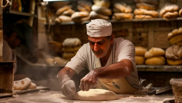 A baker making pastry from dough in a bakery
