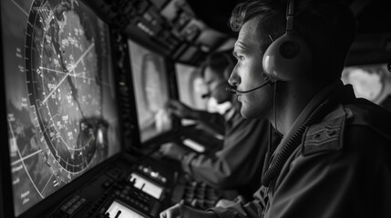Black and white image of two military personnel intently monitoring radar screens in a dimly lit control room.
