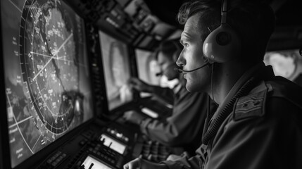 Obraz premium Black and white image of two military personnel intently monitoring radar screens in a dimly lit control room.