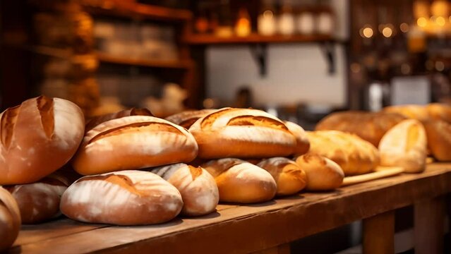 Different types of bread in the bakery on wooden counter