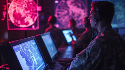 Military personnel monitoring data on multiple screens in a dark, neon-lit control room.