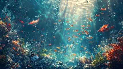 Stunning underwater seascape with colorful coral, diverse fish, and rays of sunlight