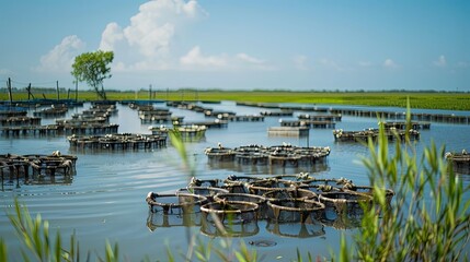 Responsible aquaculture: Sustainable shrimp and oyster farming practices in harmony with the environment.