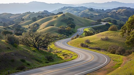 S-curve road: A scenic route traversing rolling hills, creating graceful arcs as it navigates the natural contours of the land. - obrazy, fototapety, plakaty