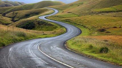 S-curve road: A scenic route traversing rolling hills, creating graceful arcs as it navigates the natural contours of the land. - obrazy, fototapety, plakaty