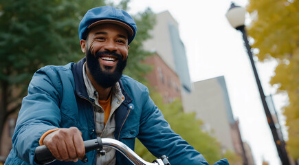 Happy mature senior black african american man riding his bicycle through a park on a sunny day - Powered by Adobe