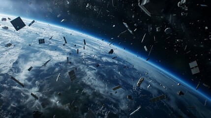 Space debris orbiting Earth featuring various satellites and fragments in outer space.