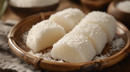 Fototapeta premium Coconut rice balls with sweet jam filling on a wooden serving platter.