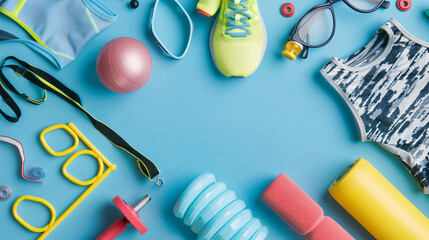 Female sportswear and different equipment for pilates