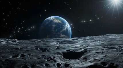 View of Earth from the lunar surface with a starry sky, conceptual space illustration.