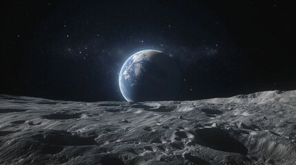 View of Earth from the lunar surface with a starry sky, conceptual space illustration.