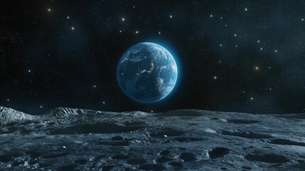 Obraz premium View of Earth from the lunar surface with a starry sky, conceptual space illustration.