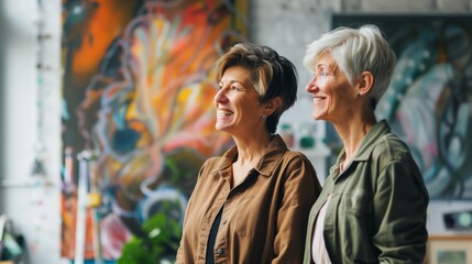 Two elderly women smiling and enjoying time together in a vibrant art studio.