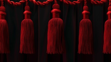 Red decorative tassels hanging on a curtain rope against a dark background.