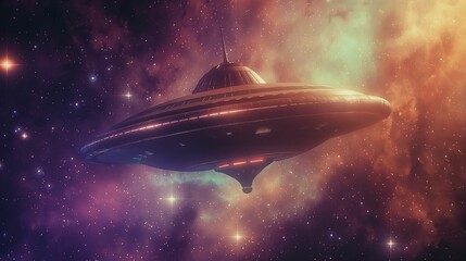 Futuristic spaceship traveling through a star-filled galaxy. Space exploration and science fiction concept.