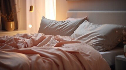 Comfortable soft pillows on bed in room, closeup view