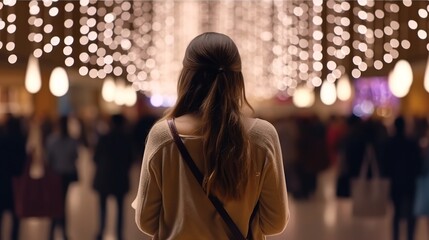 Obraz premium Back view of a young woman walking in the shopping mall at night
