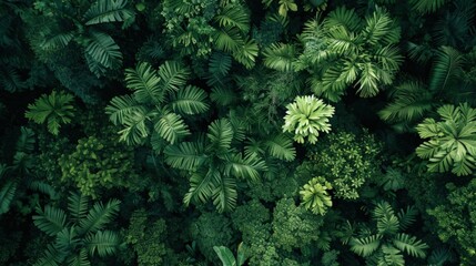 A dense jungle canopy seen from a bird's eye view. Copy Space.
