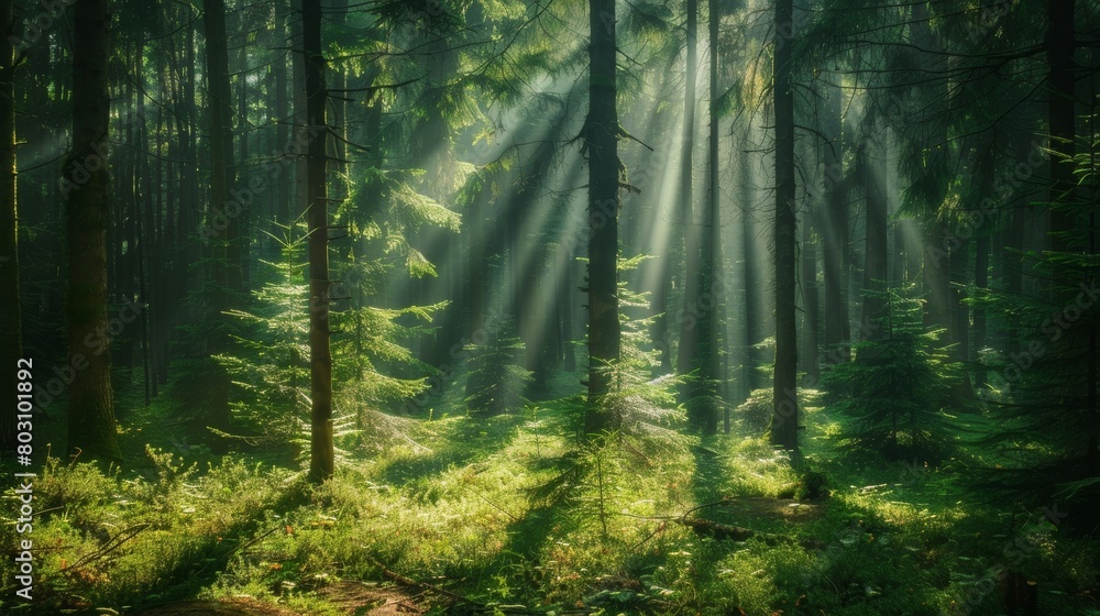 Poster rays of sunlight pierce through the trees causing dappled patterns on the forest floor and adding to